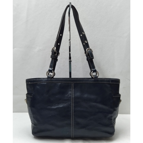 Coach Navy Blue Patent Leather Double Handles Zipper Closure Tote Bag - Picture 2 of 16